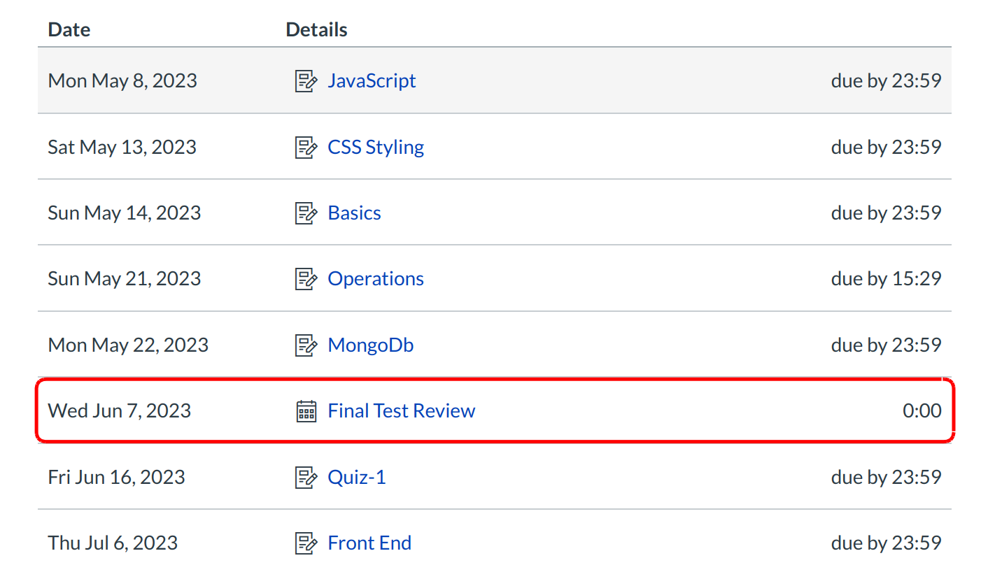 Student View: Calendar Events on the Syllabus Page
