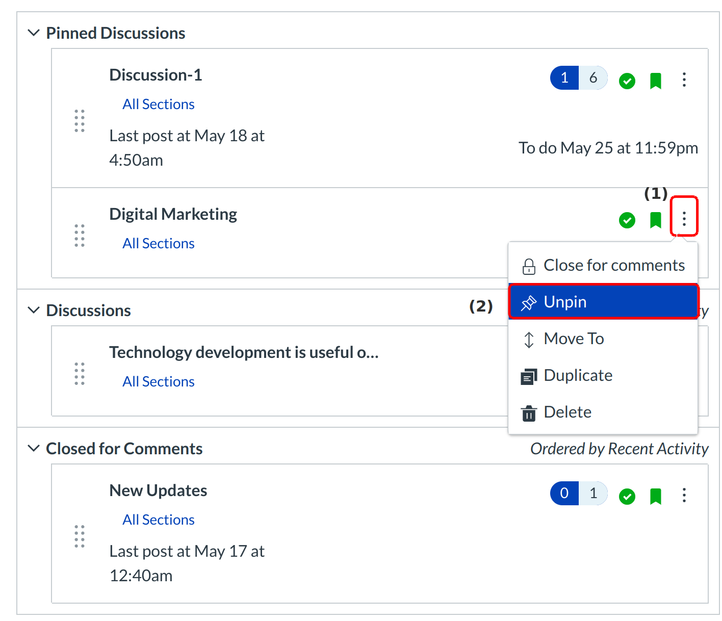 Unpin Discussions with Settings Icon
