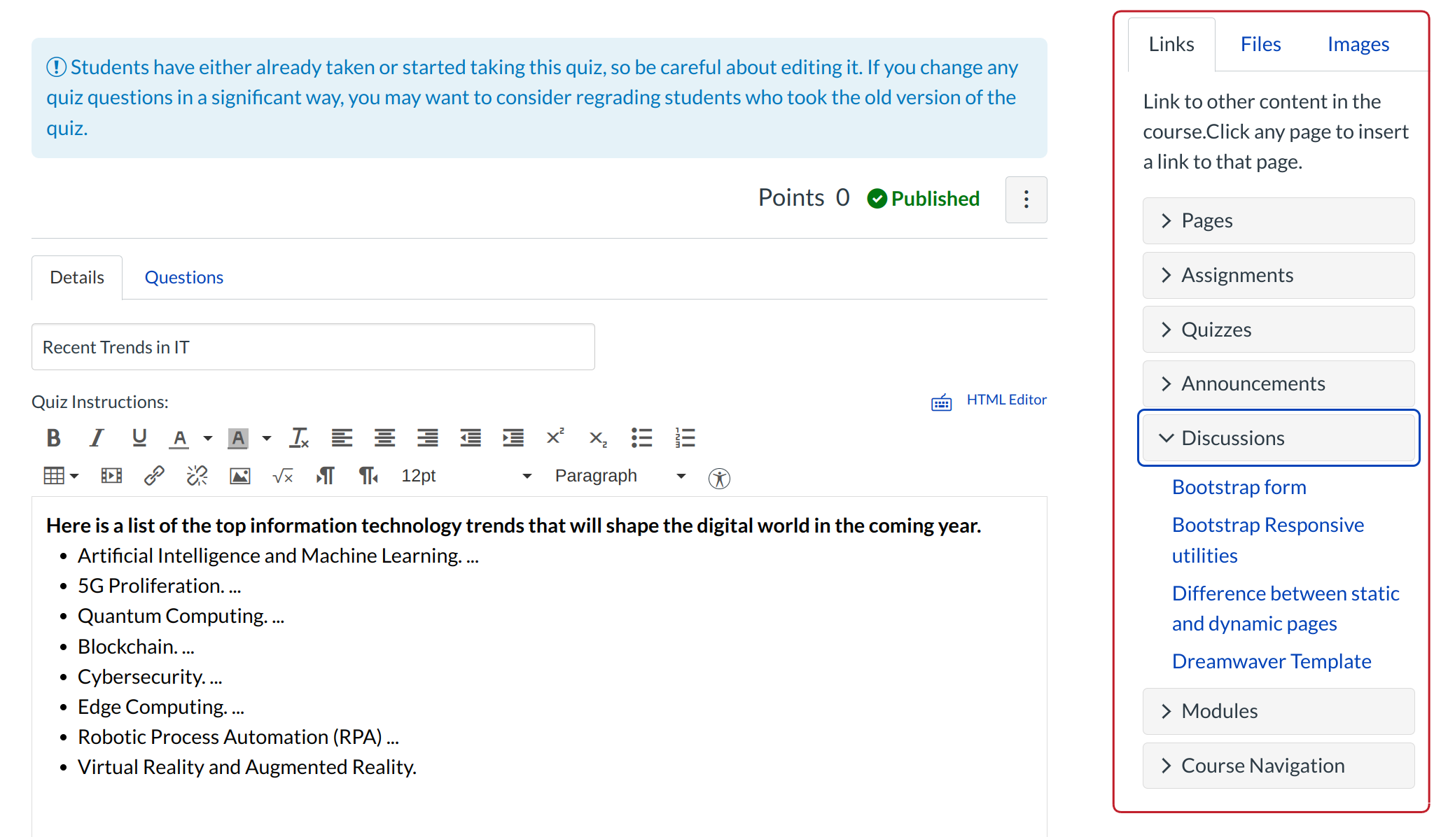 Add Course Content to Quiz Question