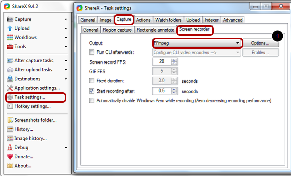 In the Screen recorder tab set Output to FFmpeg