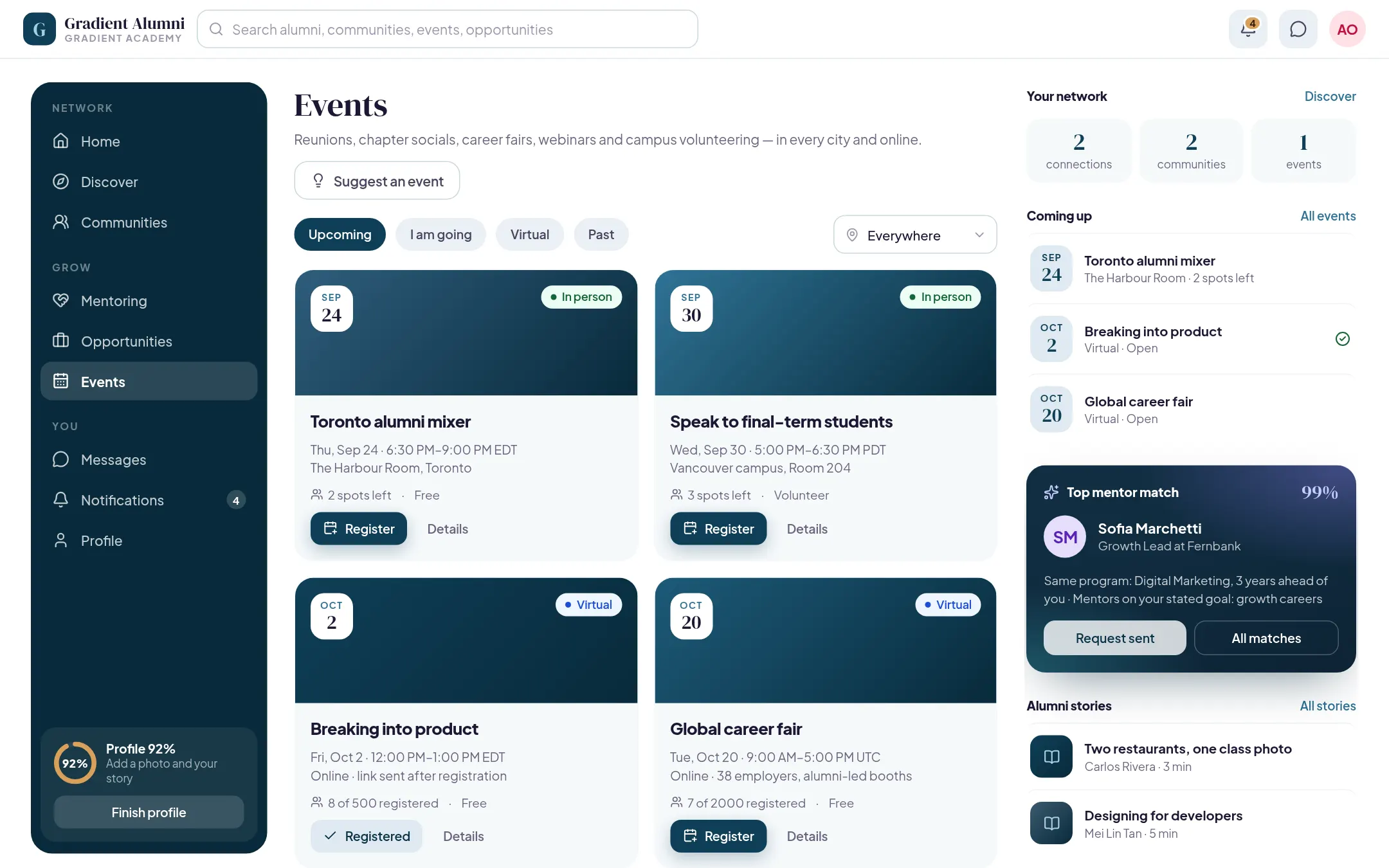 Events screen listing upcoming in-person and virtual alumni events with dates, venues, spots left and Register buttons.