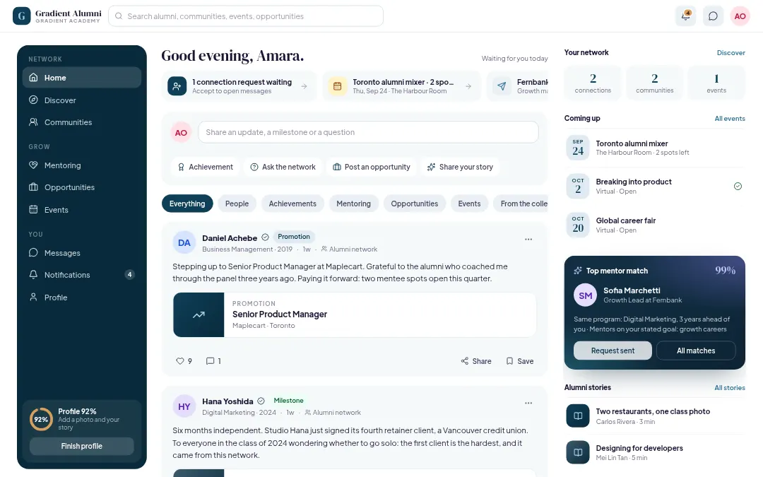 Alumni member app: navigation for Discover, Communities, Mentoring, Opportunities, Events and Messages beside the network feed.