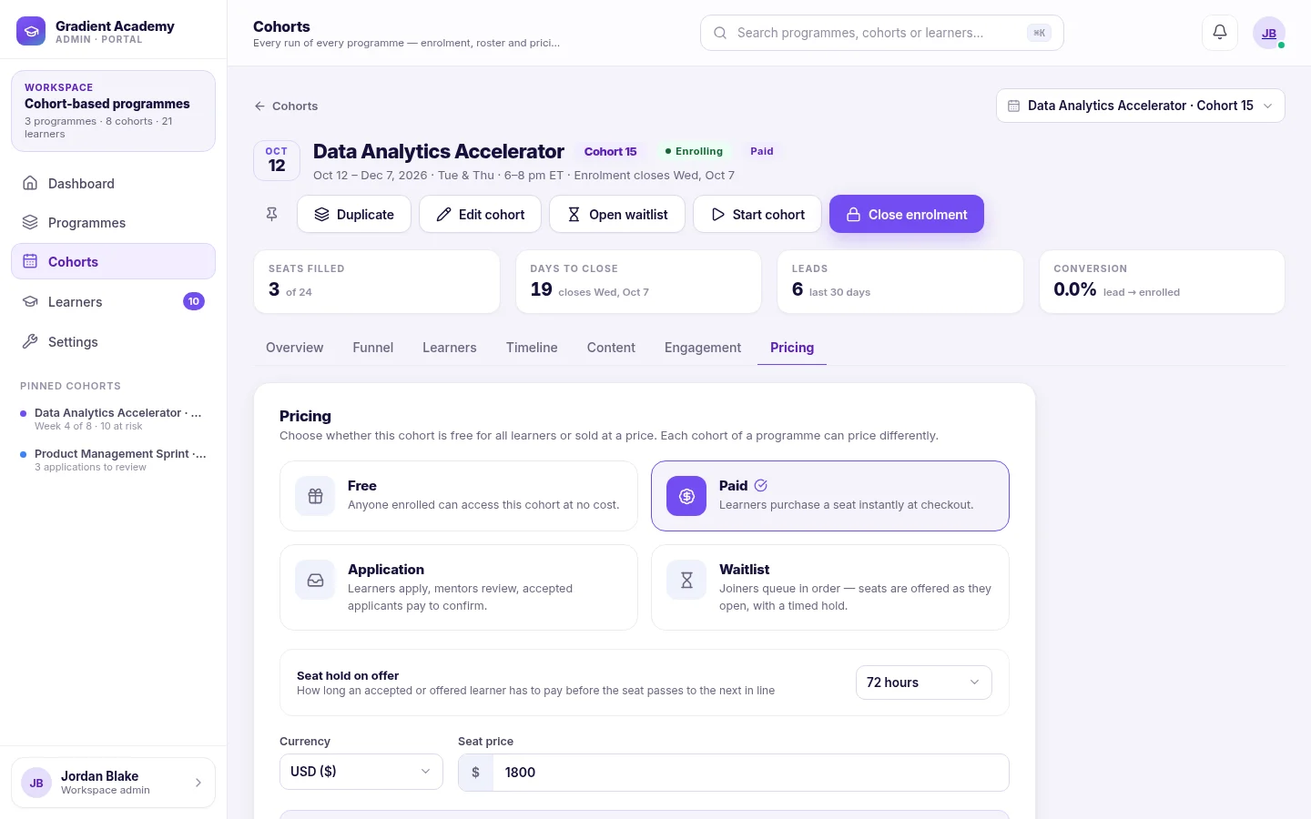 A cohort's Pricing tab with the Free, Paid, Application and Waitlist enrollment modes, Paid selected, a 72-hour seat hold on offer, and the currency and seat price fields.