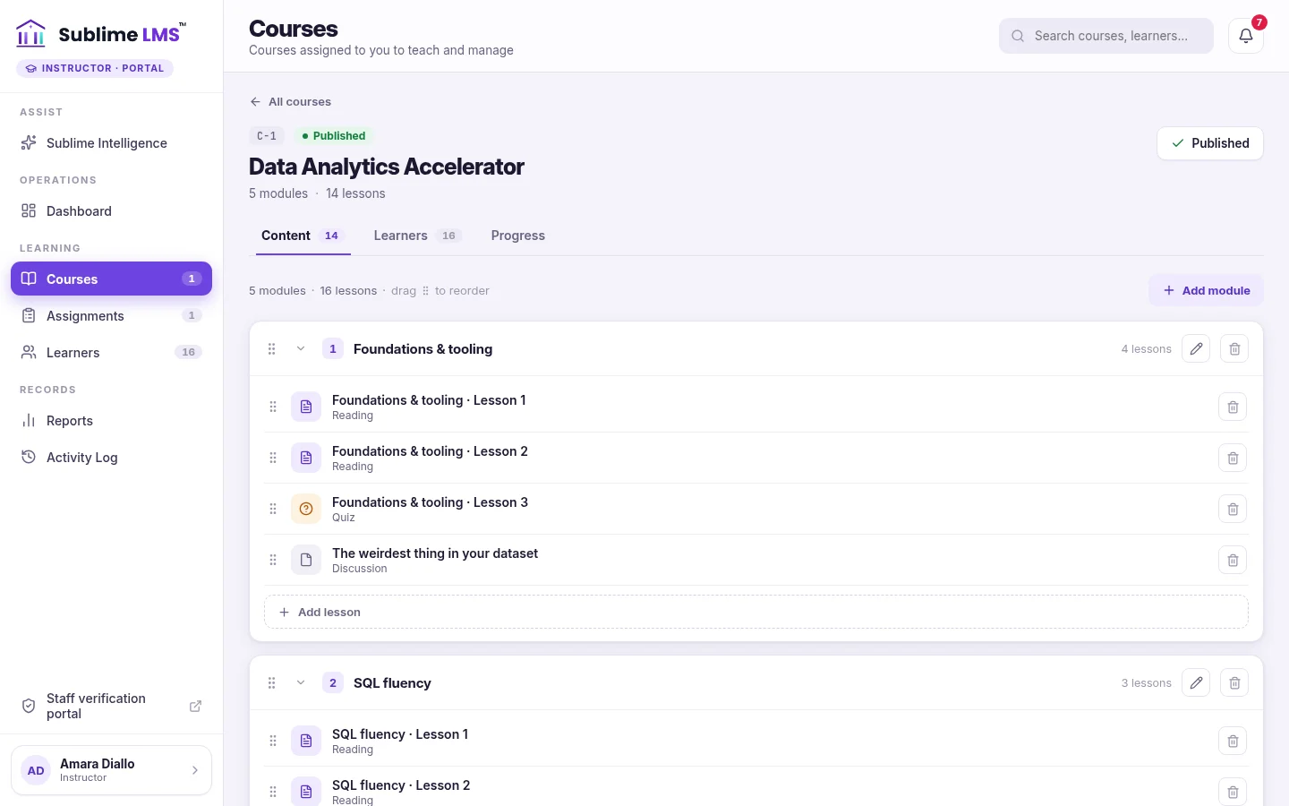 A course's Content tab in the instructor workspace with modules and lessons that can be reordered, edited and added to, plus Learners and Progress tabs.