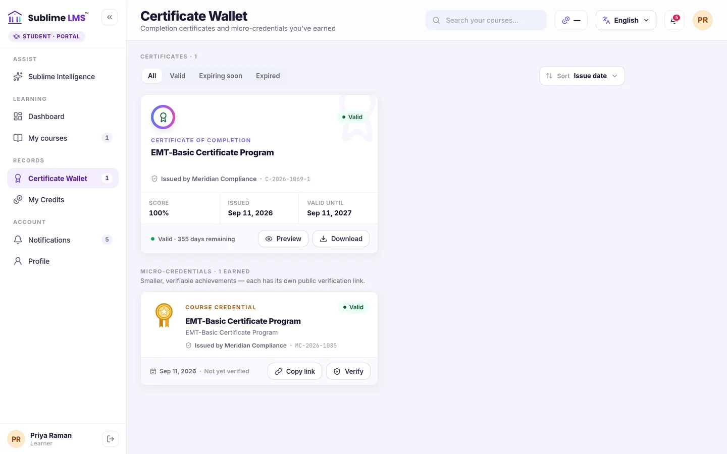 The certificate wallet with a valid certificate showing score and dates, Preview and Download, and a micro-credential with Copy link and Verify.