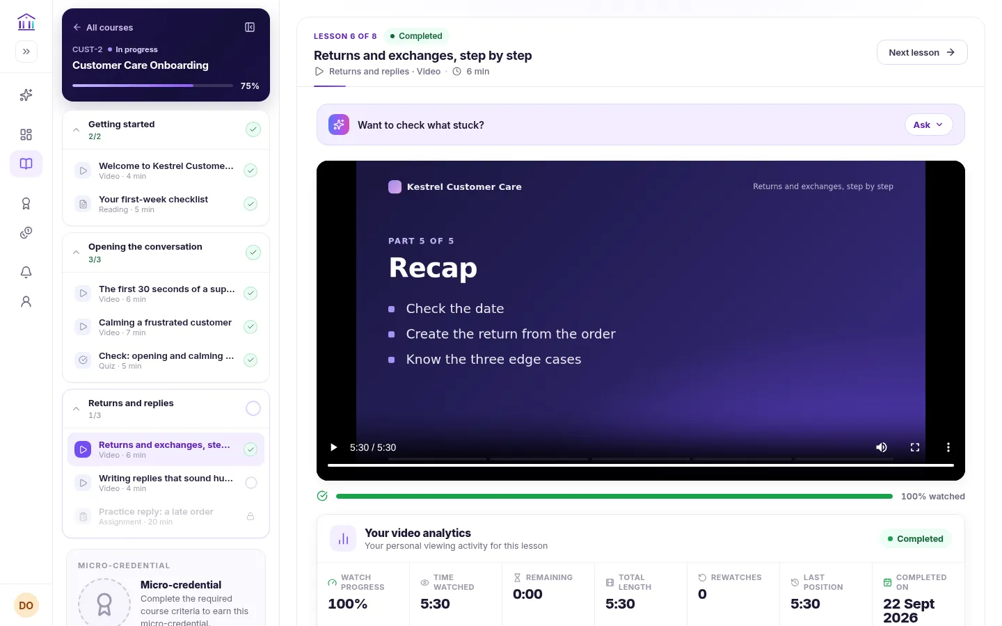 The course player after a learner watched Returns and exchanges, step by step to the end: a Completed badge and Next lesson button, the lesson ticked in the outline, the next video unlocked, the course at 75%, and the viewing panel at 100% watched.