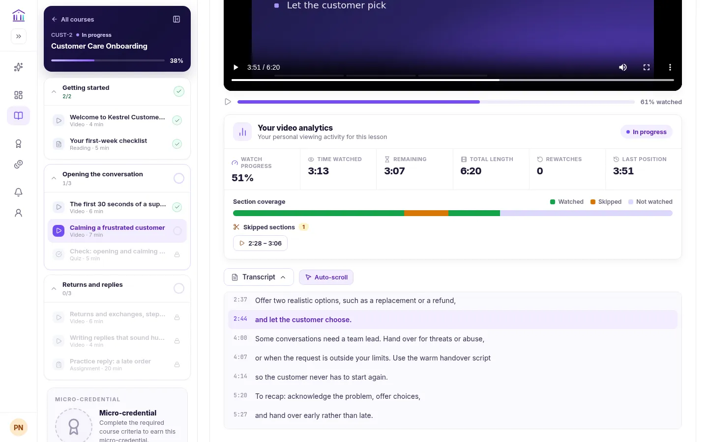 The learner's Your video analytics panel for the lesson: 51% watch progress, 3:13 watched, 3:07 remaining, 6:20 total, 0 rewatches and last position 3:51, a section coverage bar in green, orange and grey, one skipped section from 2:28 to 3:06, and the transcript below.